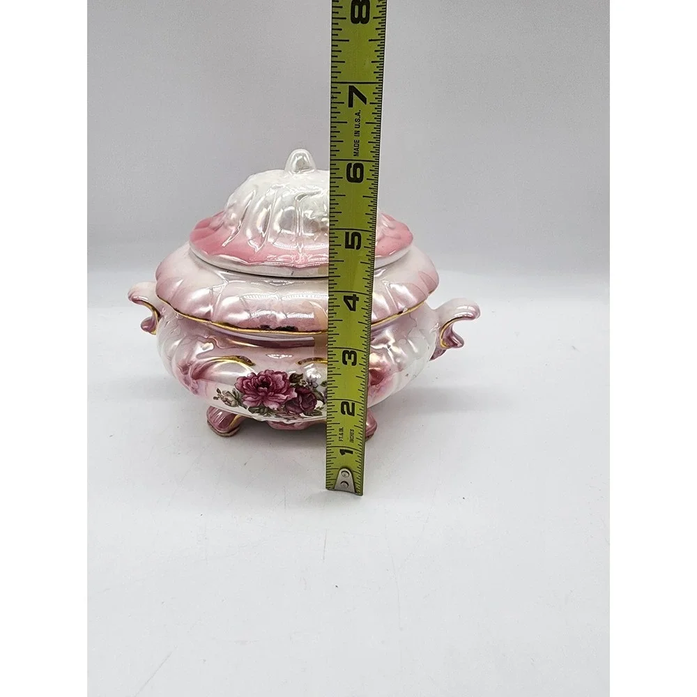 Vintage Pink Lusterware Floral Ceramic Lidded Dish Gold Trim Footed Tureen 6x7